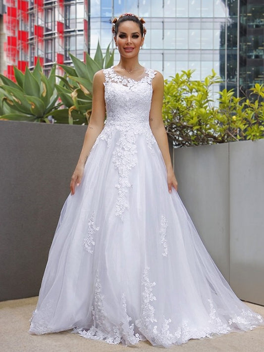 Vestidos de novia de corte A/princesa, sin mangas, de tul, con encaje, escote redondo y cola de cepillo