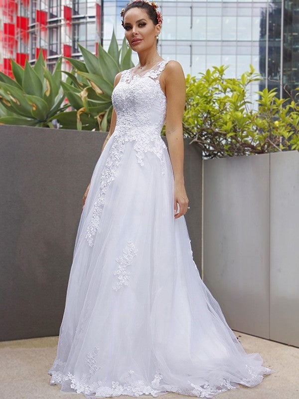 Vestidos de novia de corte A/princesa, sin mangas, de tul, con encaje, escote redondo y cola de cepillo