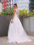 Vestidos de novia de corte A/princesa, sin mangas, de tul, con encaje, escote redondo y cola de cepillo