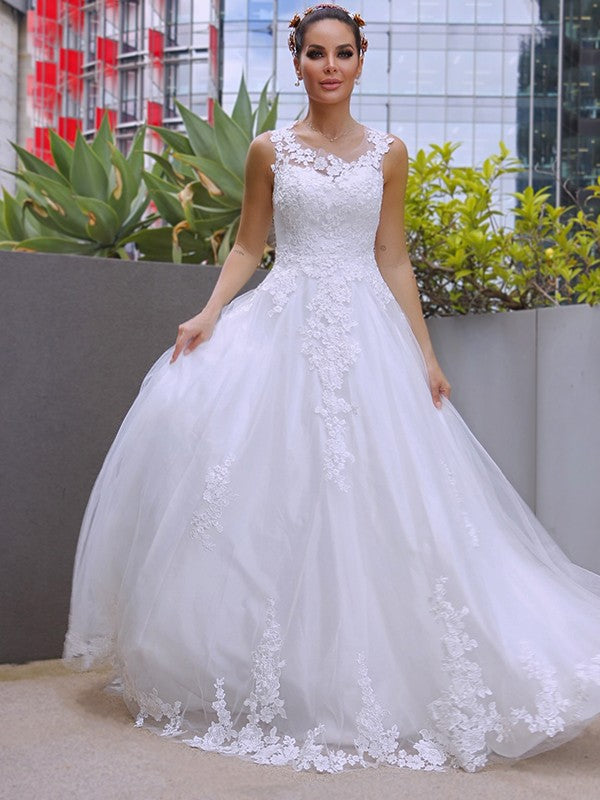 Vestidos de novia de corte A/princesa, sin mangas, de tul, con encaje, escote redondo y cola de cepillo