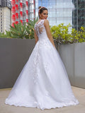 Vestidos de novia de corte A/princesa, sin mangas, de tul, con encaje, escote redondo y cola de cepillo