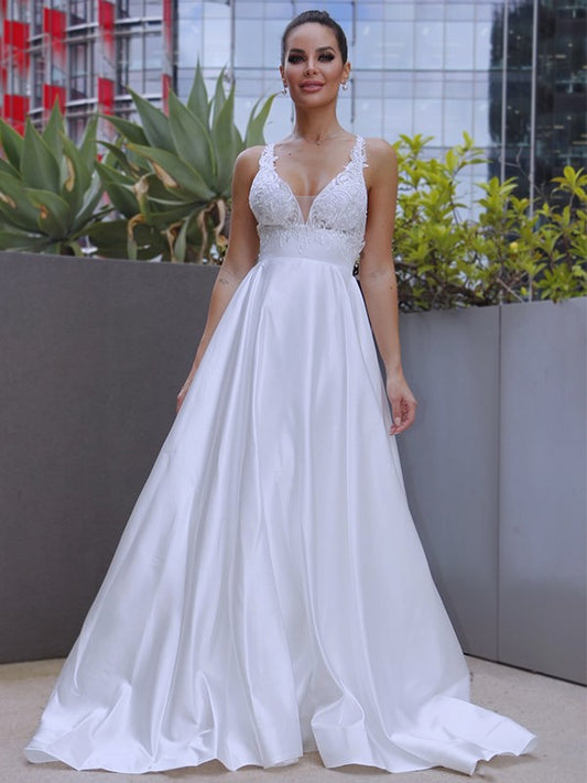A-Linie/Princess-Linie V-Ausschnitt Satin Applikationen Ärmellos Sweep/Pinsel zug Brautkleider