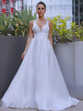 A-Linie/Princess-Linie V-Ausschnitt Satin Applikationen Ärmellos Sweep/Pinsel zug Brautkleider