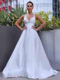 A-Linie/Princess-Linie V-Ausschnitt Satin Applikationen Ärmellos Sweep/Pinsel zug Brautkleider