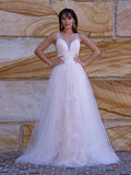 A-Line/Princess Lace Applique V-neck Sleeveless Sweep/Brush Train Wedding Dresses Bridal Gowns