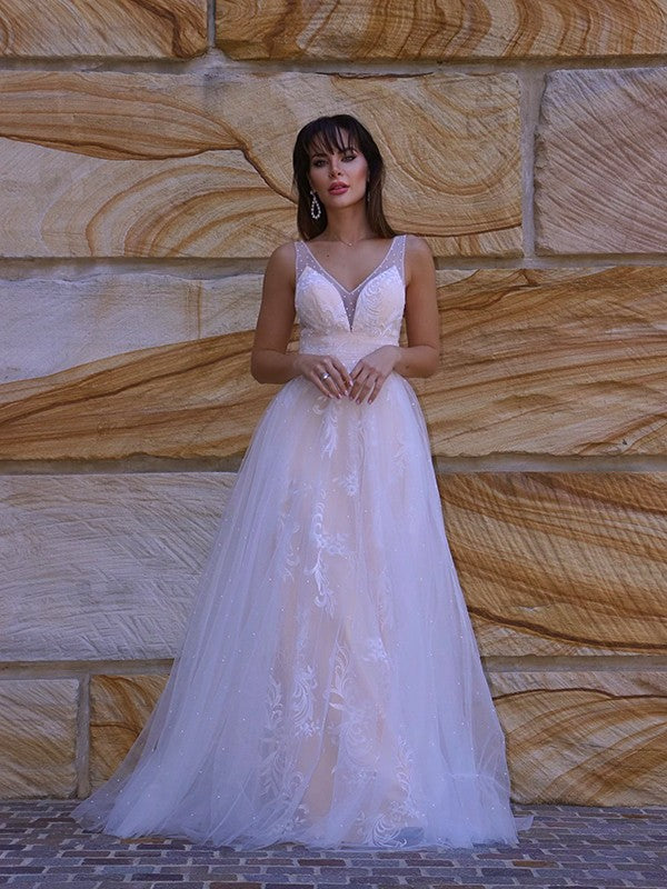 A-Line/Princess Lace Applique V-neck Sleeveless Sweep/Brush Train Wedding Dresses Bridal Gowns