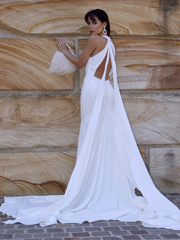 Trompete/Meerjungfrau Neckholder Ärmellos Stretch Crepe Rüschen Hofschleppe Brautkleider Brautkleider