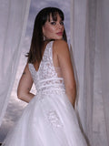 A-Line/Princess V-neck Tulle Sleeveless Applique Sweep/Brush Train Wedding Dresses Bridal Gowns