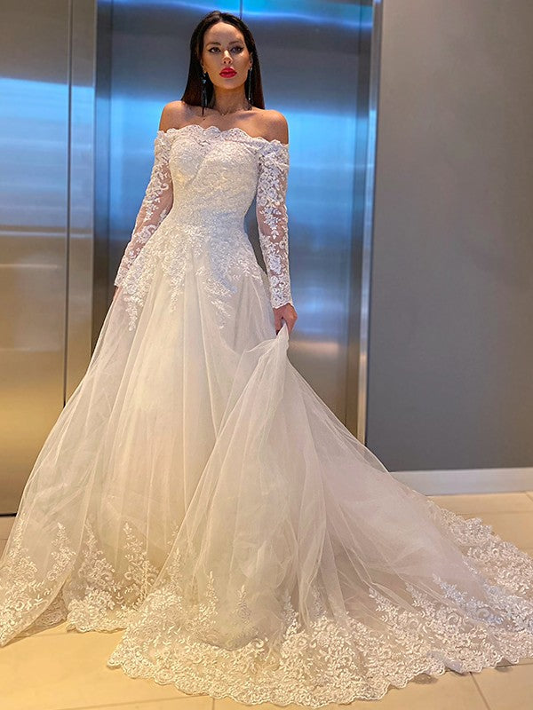 A-Linie/Princess-Linie Spitze Applikationen Schulterfrei Lange Ärmel Sweep/Pinsel Zug Brautkleider