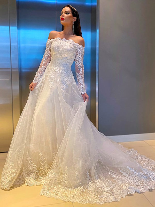 A-Linie/Princess-Linie Spitze Applikationen Schulterfrei Lange Ärmel Sweep/Pinsel Zug Brautkleider