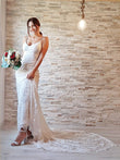 Vestidos de novia con escote tubo/columna, apliques de encaje, tirantes finos, sin mangas, cola de corte