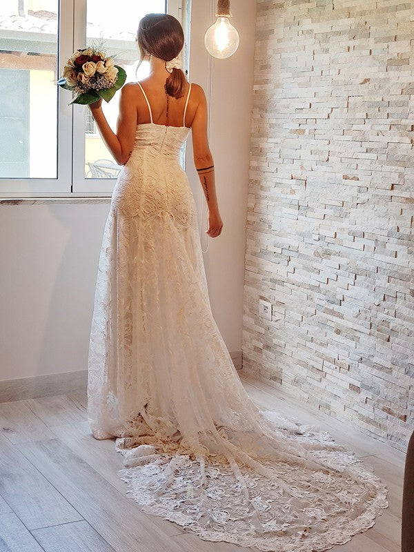 Vestidos de novia con escote tubo/columna, apliques de encaje, tirantes finos, sin mangas, cola de corte