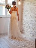 Vestidos de novia con escote tubo/columna, apliques de encaje, tirantes finos, sin mangas, cola de corte