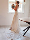 Vestidos de novia con escote tubo/columna, apliques de encaje, tirantes finos, sin mangas, cola de corte