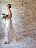 Vestidos de novia con escote tubo/columna, apliques de encaje, tirantes finos, sin mangas, cola de corte