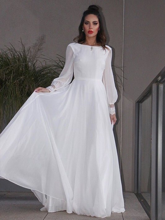 A-Linie/Princess-Linie Chiffon Rüschen Lange Ärmel U-Ausschnitt Sweep/Pinsel zug Brautkleider