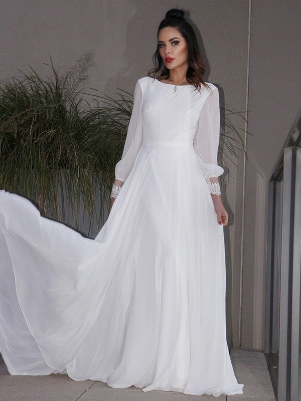A-Linie/Princess-Linie Chiffon Rüschen Lange Ärmel U-Ausschnitt Sweep/Pinsel zug Brautkleider