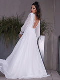 A-Linie/Princess-Linie Chiffon Rüschen Lange Ärmel U-Ausschnitt Sweep/Pinsel zug Brautkleider