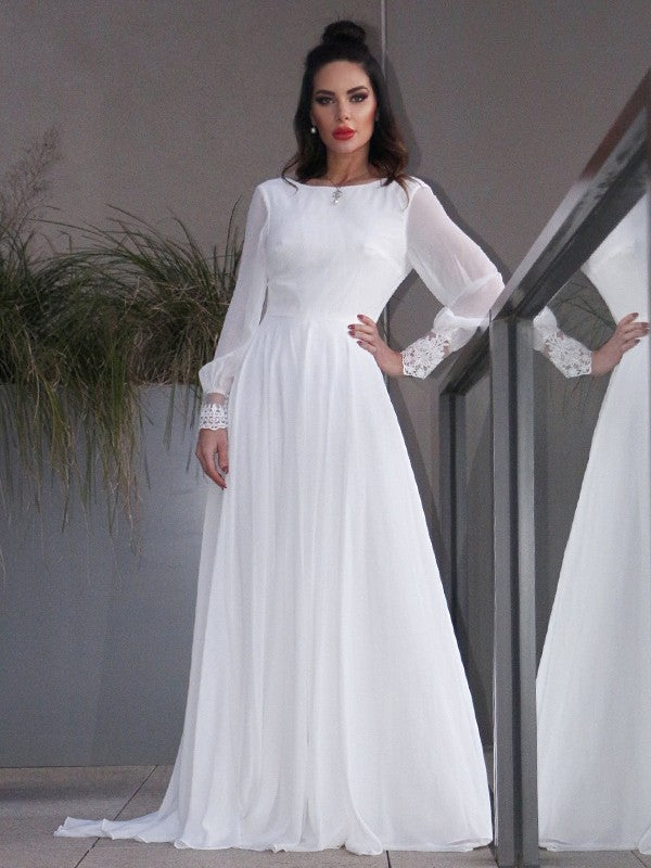 A-Linie/Princess-Linie Chiffon Rüschen Lange Ärmel U-Ausschnitt Sweep/Pinsel zug Brautkleider