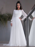 A-Linie/Princess-Linie Chiffon Rüschen Lange Ärmel U-Ausschnitt Sweep/Pinsel zug Brautkleider