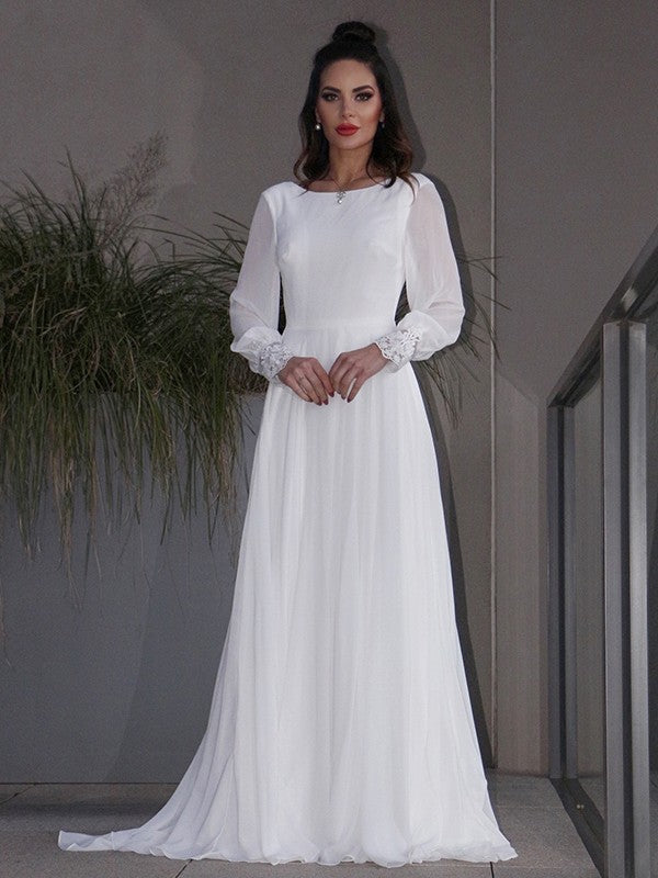 A-Linie/Princess-Linie Chiffon Rüschen Lange Ärmel U-Ausschnitt Sweep/Pinsel zug Brautkleider
