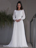 A-Linie/Princess-Linie Chiffon Rüschen Lange Ärmel U-Ausschnitt Sweep/Pinsel zug Brautkleider