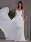 A-Linie/Princess-Linie Applikationen Chiffon V-Ausschnitt Ärmellos Sweep/Pinsel zug Brautkleider