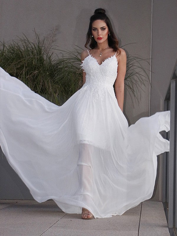 A-Linie/Princess-Linie Applikationen Chiffon V-Ausschnitt Ärmellos Sweep/Pinsel zug Brautkleider