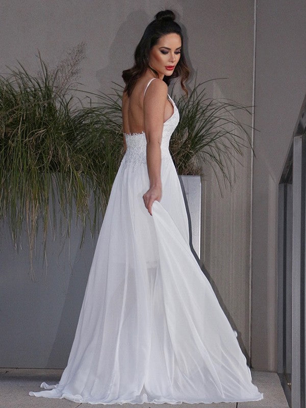 A-Linie/Princess-Linie Applikationen Chiffon V-Ausschnitt Ärmellos Sweep/Pinsel zug Brautkleider