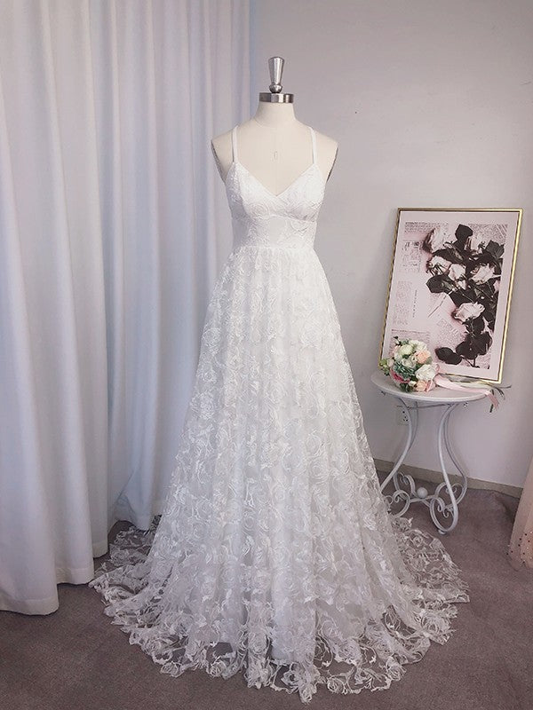 A-Linie/Princess-Linie Spitze Applikationen V-Ausschnitt Ärmellos Sweep/Pinsel zug Brautkleider