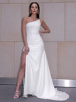 Sheath/Column Stretch Crepe Ruched One-Shoulder Sleeveless Sweep/Brush Train Wedding Dresses Bridal Gowns