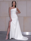 Sheath/Column Stretch Crepe Ruched One-Shoulder Sleeveless Sweep/Brush Train Wedding Dresses Bridal Gowns