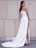Sheath/Column Stretch Crepe Ruched One-Shoulder Sleeveless Sweep/Brush Train Wedding Dresses Bridal Gowns