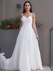 A-Linie/Princess-Linie Chiffon Applikationen V-Ausschnitt Ärmellos Sweep/Pinsel zug Brautkleider