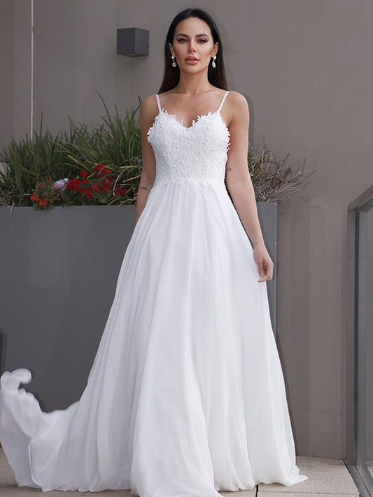 A-Linie/Princess-Linie Chiffon Applikationen V-Ausschnitt Ärmellos Sweep/Pinsel zug Brautkleider