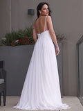 A-Linie/Princess-Linie Chiffon Applikationen V-Ausschnitt Ärmellos Sweep/Pinsel zug Brautkleider