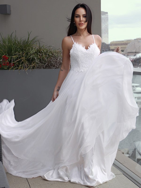 A-Linie/Princess-Linie Chiffon Applikationen V-Ausschnitt Ärmellos Sweep/Pinsel zug Brautkleider