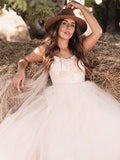 Vestidos de novia de corte A/princesa, tul, volantes, tirantes finos, sin mangas, cola larga