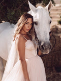 Vestidos de novia de corte A/princesa, tul, volantes, tirantes finos, sin mangas, cola larga