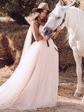 Vestidos de novia de corte A/princesa, tul, volantes, tirantes finos, sin mangas, cola larga