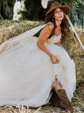 Vestidos de novia de corte A/princesa, tul, volantes, tirantes finos, sin mangas, cola larga