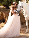 Vestidos de novia de corte A/princesa, tul, volantes, tirantes finos, sin mangas, cola larga