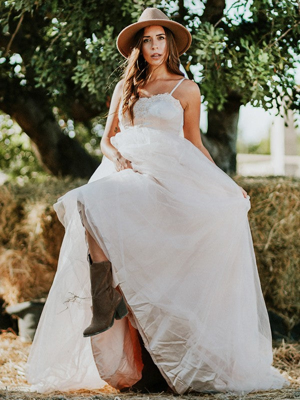 Vestidos de novia de corte A/princesa, tul, volantes, tirantes finos, sin mangas, cola larga