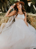 Vestidos de novia de corte A/princesa, tul, volantes, tirantes finos, sin mangas, cola larga