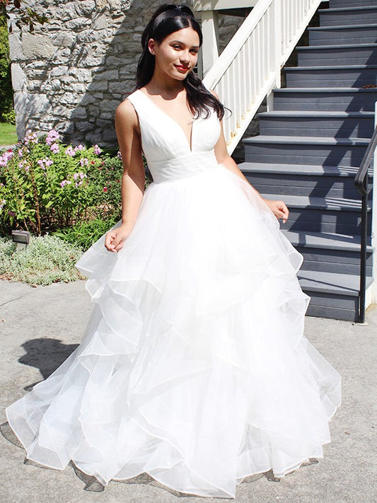 Ballkleid Organza Rüschen V-Ausschnitt Ärmellos Bodenlang Brautkleider Brautkleider