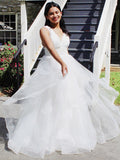 Ballkleid Organza Rüschen V-Ausschnitt Ärmellos Bodenlang Brautkleider Brautkleider
