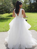 Ballkleid Organza Rüschen V-Ausschnitt Ärmellos Bodenlang Brautkleider Brautkleider