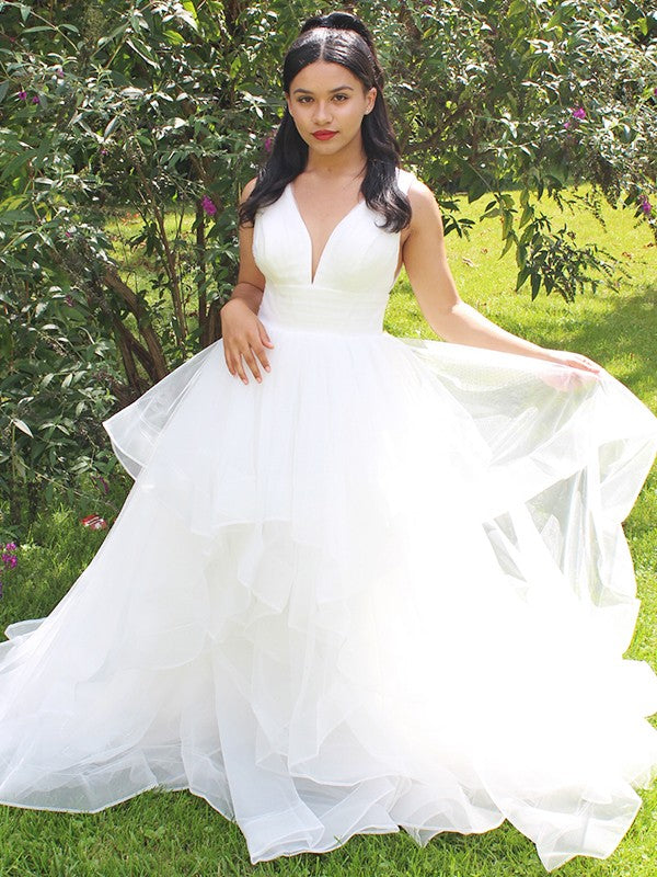 Ballkleid Organza Rüschen V-Ausschnitt Ärmellos Bodenlang Brautkleider Brautkleider