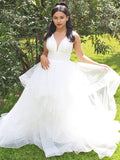 Ballkleid Organza Rüschen V-Ausschnitt Ärmellos Bodenlang Brautkleider Brautkleider