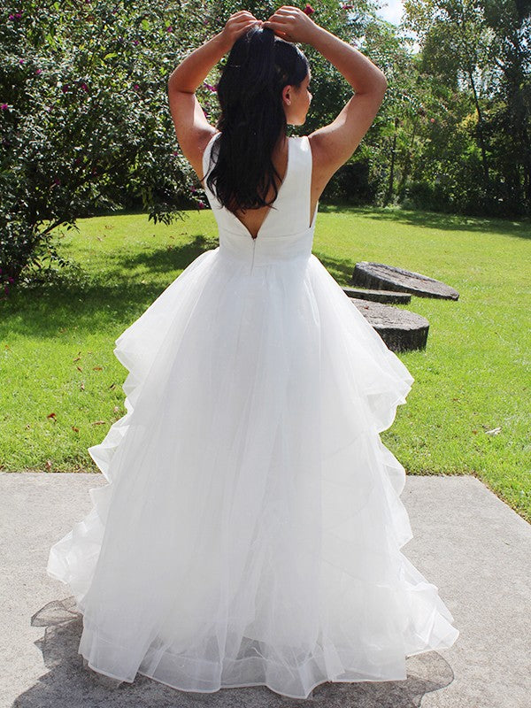 Ballkleid Organza Rüschen V-Ausschnitt Ärmellos Bodenlang Brautkleider Brautkleider